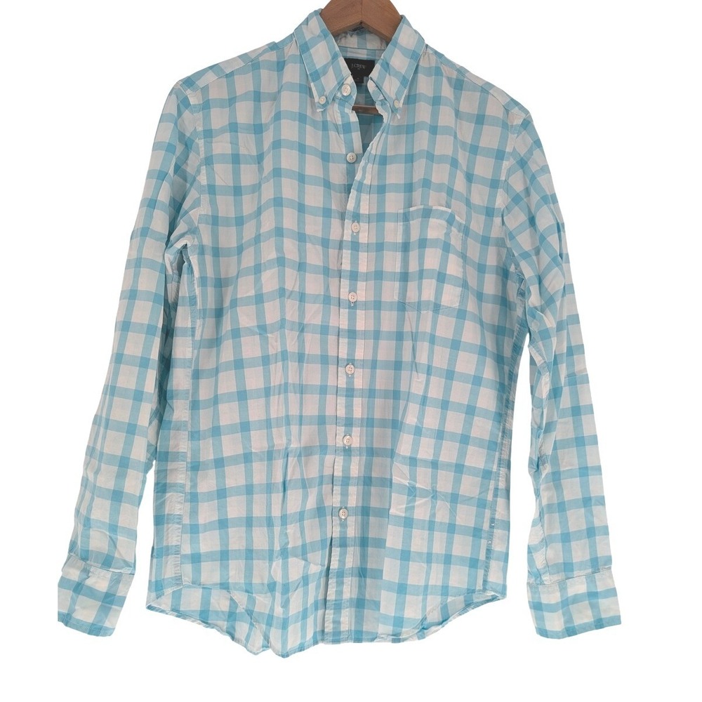 J.Crew Mens Turquoise Gingham Check Cotton Button Down Shirt M 69153